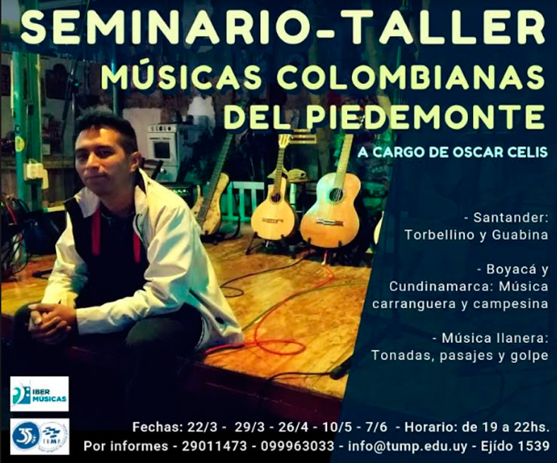 El seminario “Músicas colombianas de piedemonte” comprenderá 4 talleres dedicados al reconocimiento y apropiación de las músicas tradicionales andinas centro-orientales y llaneras de Colombia. 
Fechas: 
  Viernes 29 de marzo - 1er encuentro,  Viernes 26 de abril - 2do encuentro, Viernes 10 de mayo - 3er encuentro
 Viernes 7 de junio - 4to encuentro
